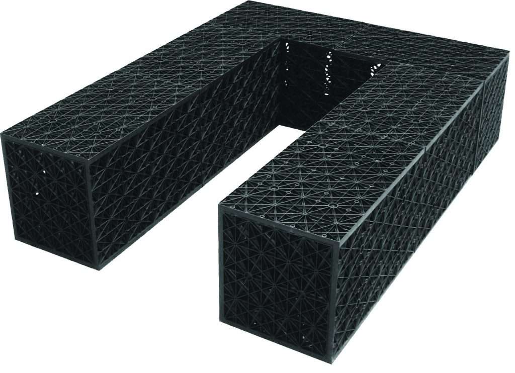 Infiltratieboxen in een compleet systeem voor de afkoppeling van regenwater.